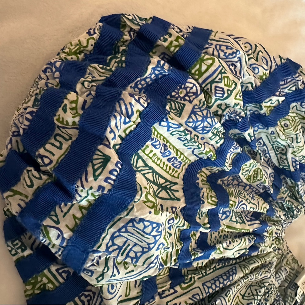 Pinch Tops Geometric Puff-Sleeve Peasant Top in Blue, White and Green- Size S - Picture 4 of 6